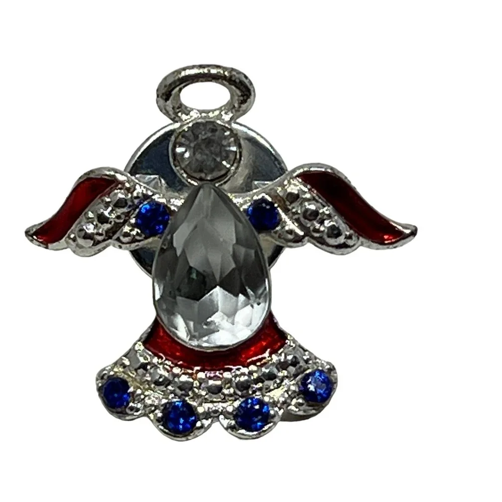 Vintage Angel Brooch‎ Silver Tone with Red White Blue Crystal Pin